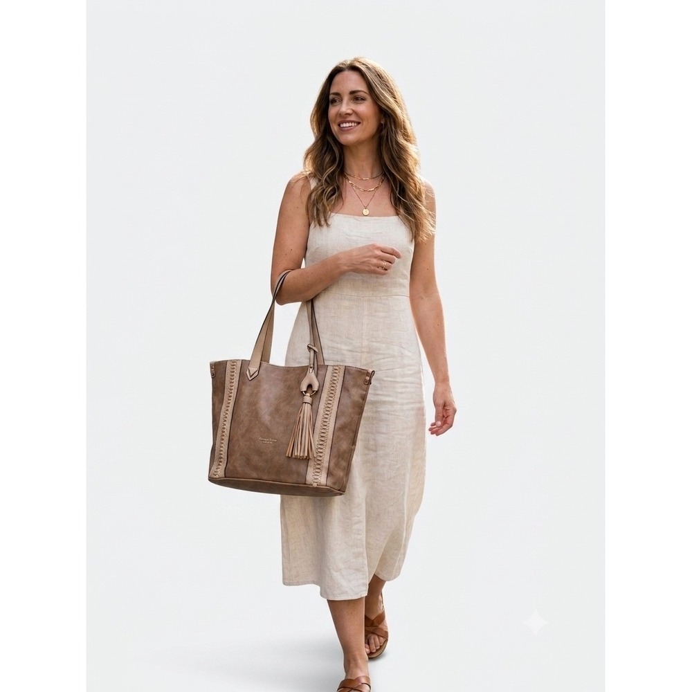 Darcy Marks London Tan Vegan Leather Hand Bag Woven Whipstitch  Shoulder purse